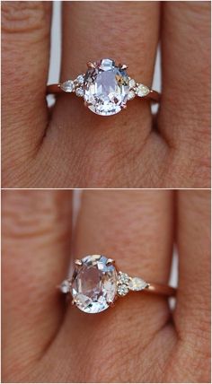 three different views of an engagement ring with diamonds on each side and the other side