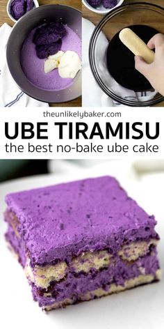 there is a cake with purple icing on it and the words, ube tiramu