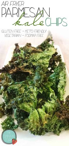 the cover of an article about kale chips on a white plate with green leafy vegetables