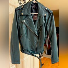 Forever21jacket Size:S, Nwt Trendy Green Leather Jacket For Fall, Trendy Green Biker Jacket For Spring, Trendy Fitted Outerwear From Forever 21, Trendy Fitted Forever 21 Outerwear, Dark Green Jacket, Maroon Leather Jacket, Brown Faux Leather Jacket, Womens Moto Jacket, Layering Jacket