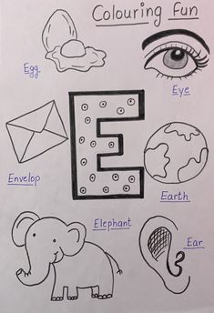 the letter e is for elephant and other things that are drawn on paper with markers