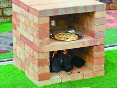 a brick oven with a pizza in it on top of some fake grass next to a fire pit