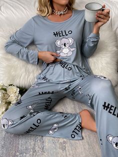 Dusty Blue Cute Collar Long Sleeve  Cartoon,Letter Pant Sets Embellished Slight Stretch  Women Sleep & Lounge Loungewear Outfits, Womens Pajamas Pants, Print Pajamas, Long Sleeve Knit Tops, Pajama Set Women, Round Neck Tops