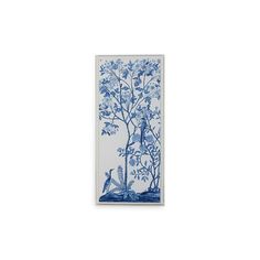 a blue and white wall hanging with an image of birds in a tree on it