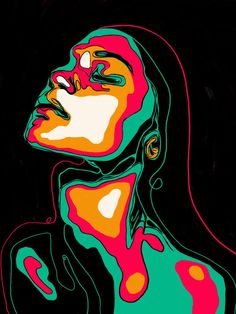 an abstract painting of a woman's face and body in red, green, orange, and pink