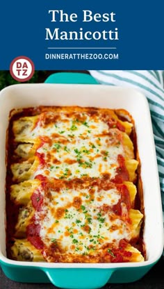 baked manicotti in a blue casserole dish with text overlay