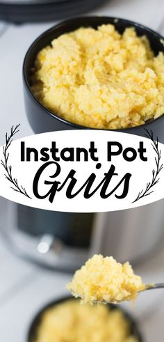 instant pot grits in a black bowl with the words instant pot grits above it