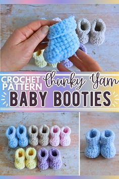 crochet baby booties are shown in different colors