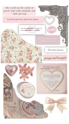 a collage of pink and white items including cards, envelopes, brochures