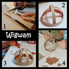 four pictures showing how to make a wigwam ornament with paper and scissors