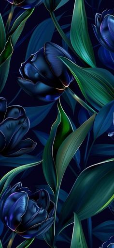 blue flowers and green leaves on a dark background