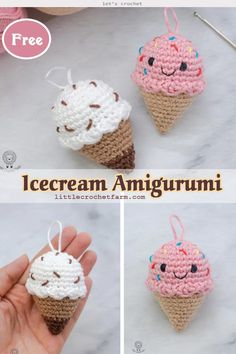 crochet ice cream amigurmi ornament is shown in three different pictures