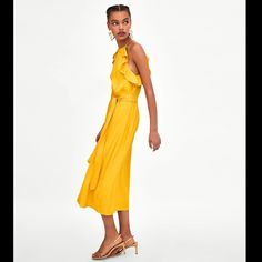 Size Xs Nwt Beautiful Mustard Yellow Flowy Ruffle Midi Dress Attached Fabric Belt Elastic Waist And Button Closure At Back Of Neck Floral Pattern Within Stitching Photos Do Not Do This Justice Elegant Yellow Beach Sundress, Chic Yellow Midi Dress, Elegant Yellow Midi Dress For Beach, Chic Sleeveless Mustard Maxi Dress, Elegant Yellow Sundress For Vacation, Elegant Yellow Dress For Day Out, Yellow Sundress Midi Dress For Day Out, Yellow Ruffle Midi Dress For Day Out, Chic Mustard Dress For Vacation