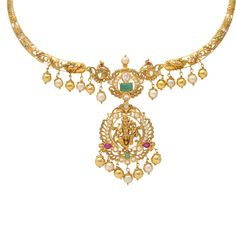 Our 22K Yellow Gold and Gemstone Kanti Temple Necklace has a unique design accentuated by gorgeous emeralds, rubies, pearls, and cubic zirconia stones. Features: • 22k yellow gold • Goddess Lakshmi imagery • Rubies • Pearls • Emeralds • Cubic zirconia Virani Jewelers temple jewelry made from 22k gold and precious gemstones brings together the beauty and significance of Indian culture and traditions. Find more beautiful 22k gold temple jewelry like this kanti necklace on our website. Specificatio Luxury Fusion Temple Necklace For Celebration, Kanti Necklace, Gold Goddess, Indian Culture And Tradition, Temple Necklace, Gold Temple Jewellery, Temple Jewelry, Gold Chains For Men, Gold Bead Necklace