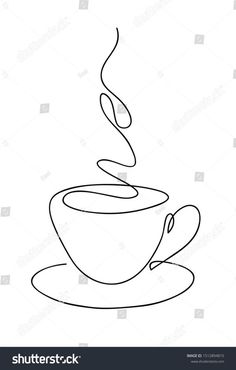 a coffee cup with steam coming out of it on a saucer, black and white