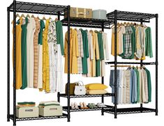 an iron rack with clothes hanging on it and other items in front of the rack