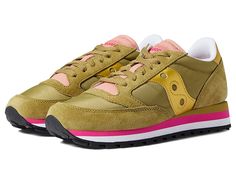 Saucony Originals Jazz Triple - Women's Shoes : Olive/Gold : Stretch your legs and feet in the comfort of the Saucony Originals Jazz Triple sneaker. Textile and synthetic upper. Lace-up closure. Round-toe silhouette. Textile lining and insole. Synthetic outsole. Imported. Measurements: Weight: 10 oz Product measurements were taken using size 8.5, width B - Medium. Please note that measurements may vary by size. Saucony Sneaker, Womens Sneakers, Athletic Shoes, Lace Up, Women Shoes, Sneakers, The Originals