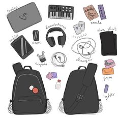 the contents of a backpack are shown in this drawing, including headphones and other items