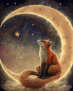 a painting of a fox sitting on the moon