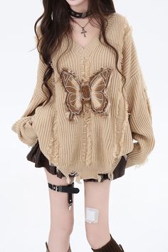 Distressed Butterfly Sweater, beige sweater, oversized sweater, fairy grunge outfits, boogzel Oversized Sweater Grunge