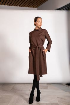 Our brown wool winter dress has been crafted from luxury Italian soft wool fabric. Lovely loose dress cut to a relaxed silhouette, with two side pockets and long sleeves. The perfect day dress or work dress - super comfy, stylish and warm. It is perfect for a maternity dress as well! 🍒 Size : Please take a look at the pictures above or at our size chart, based on your measurements to ensure perfect fit 🍒 Length : 105 cm / 41 in 🍒 Fabric : 100 % light weight wool 🍒 We accept custom order requ Dress With Turtleneck, Midi Dress Brown, Midi Dress Work, Dress For Work, Friday Outfit, Wool Winter, The Perfect Day, Winter Dress, Work Dress