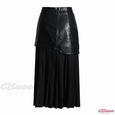 Elegant High-Waisted Long Leather Patchwork Pleated Colorblock Midi Skirt Chic Asymmetrical Patchwork Skirt, Chic Patchwork Skirt For Party, Chic Party Skirt With Patchwork, Fitted Patchwork Midi Skirt, Chic Fall Patchwork Skirt, Chic Skirt With Patchwork Detail, Chic Patchwork Skirt, Chic Patchwork Skirt For Fall, Chic Fitted Layered Bottoms