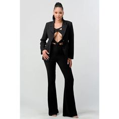 Open Cut Blazer Jumpsuit Set - S / Black - Sets Blazer Jumpsuit, Sleek Jumpsuit, Cut Blazer, Jumpsuit And Blazer, Long Sleeve Design, Blazer Set, Shoe Size Chart, Sleeve Designs, Fabric Care