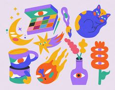 an assortment of colorful objects on a white background with stars, moon and other items