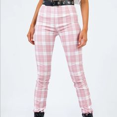 Never Worn, Super Trendy Pants! Could Fit A 25/26 Trendy Fitted White Pants, Trendy Straight Leggings For Spring, White Fitted High-rise Pants, Pink Plaid Pants, Gingham Fashion, Trendy Pants, Pink Jumpsuit, Plaid Pants, Pink Plaid