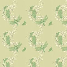 a green and white wallpaper with dragonflies on it