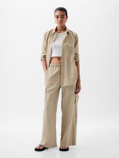 Mid Rise Linen-Cotton Pull-On Cargo Pants | Gap Gap Wide Leg Linen Pants, Gap Linen Pants For Spring, Casual Linen Pants By Gap, Gap Linen Spring Pants, Spring Gap Linen Pants, Wide Leg Linen Cargo Pants For Loungewear, Linen Cargo Bottoms For Loungewear, Gap Wide Leg Casual Cargo Pants, Gap Relaxed Fit Wide-leg Pants