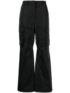 black high-waisted belt loops concealed fly and button fastening belt loops two side cargo pockets two rear welt pockets wide leg Techwear Wide Leg Cargo Pants For Work, Wide Leg Techwear Cargo Pants For Work, Techwear Style Cargo Parachute Pants For Work, Techwear Cargo Style Parachute Pants For Work, Techwear Straight Leg Parachute Pants, Black High-waisted Cargo Pants With Belt Loops, High-waisted Black Cargo Pants With Belt Loops, Techwear Cargo Pants With Flap Pockets For Workwear, High-waisted Parachute Pants With Multiple Pockets