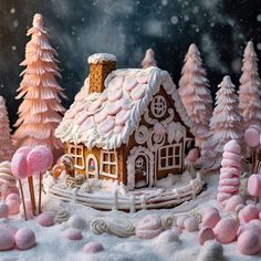 a gingerbread house surrounded by trees and marshmallows on a snowy day