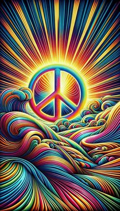 a peace sign is in the middle of an image with waves and sun shining behind it