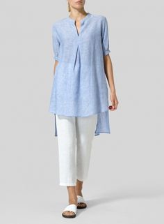 Linen Mandarin Collar A Shape Blouse Tunics For Women Classy, Linen Clothes For Women Classy, Top Designs For Women, Linen Long Sleeve Top, Vivid Linen, Linen Top Women, Linen Shirts Women, Fashion Top Outfits, Linen Fashion