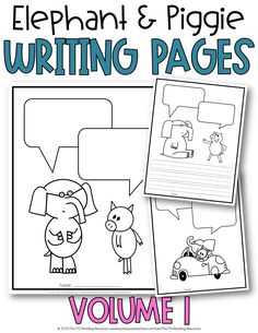 the elephant and piggie writing pages volume 1 is shown in black and white, with an