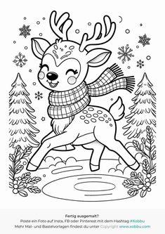 a coloring page with a deer wearing a scarf and snowflakes in the background