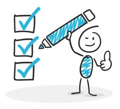 a stick figure is looking at a check box and pointing to it with a blue marker