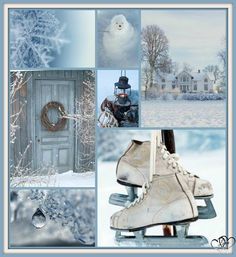 a collage of photos with snow and ice skates