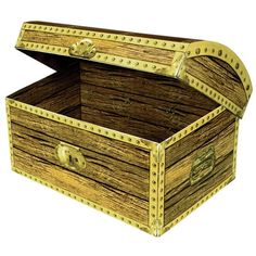 an open wooden chest with rivets on the sides and gold trimmings