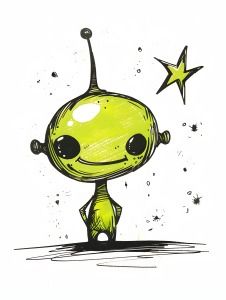 a drawing of an alien with stars in the background