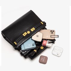 デート, パーティー, 仕事 ショッピング  ブラックブラック 本革 スクエアハンドバッグ サッチェルバッグ Office Clutch For Mobile Phone In Rectangular Shape, Office Mobile Phone Clutch Bag, Elegant Portable Box Bag For Office, Rectangular Black Phone Bag For Party, Black Rectangular Phone Bag For Party, Elegant Handheld Satchel With Cell Phone Pocket, Trendy Evening Bag For Office With Phone Pocket, Evening Handheld Flap Bag With Phone Pocket, Formal Rectangular Satchel With Cell Phone Pocket