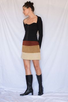 Y2K Tricolour Suede Mini Skirt  Fully lined  High waist  Back zip  The best earth tones colours Amazing quality and fit  LOVE  Very good condition , especially for suede fabric  Fits : S (model wearing XS) (marked size 8) Material : 100% Real Leather Brown Patchwork Skirt For Fall, Fall Patchwork Brown Skirt, Color Block Fitted Mini Skirt, Fitted Color Block Mini Skirt, Earth Tone Color, Womens Skirts, Suede Mini Skirt, Suede Fabric, Tri Color