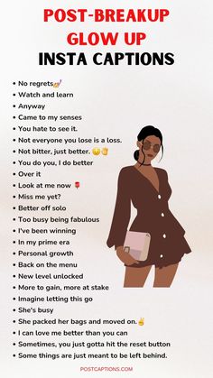 a poster with the words post - breakup glow up insta captions on it