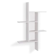 a white shelf with three shelves on each side