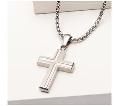 Show off your faith with this masculine stainless steel cross pendant and sturdy box chain. From Verve Men's Jewelry. Stainless Steel Cross Pendant, Steel Cross, Pendant With Chain, Small Crosses, Men's Jewelry, Box Chain, Cross Pendant, Mens Jewelry, Jewelry Necklaces