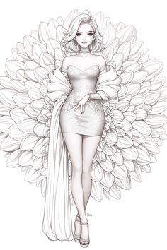 a drawing of a woman in a dress with wings