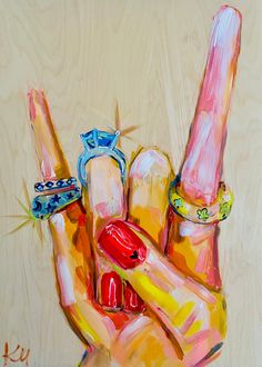 a painting of a hand holding two rings