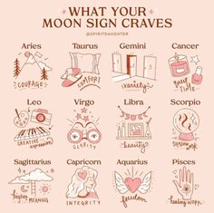 what your moon sign craves are written on the side of a pink background with white lettering