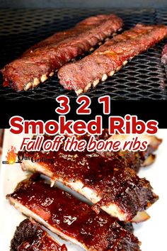 three different types of bbq ribs on a grill with the words smoked ribs full of the bone rubs